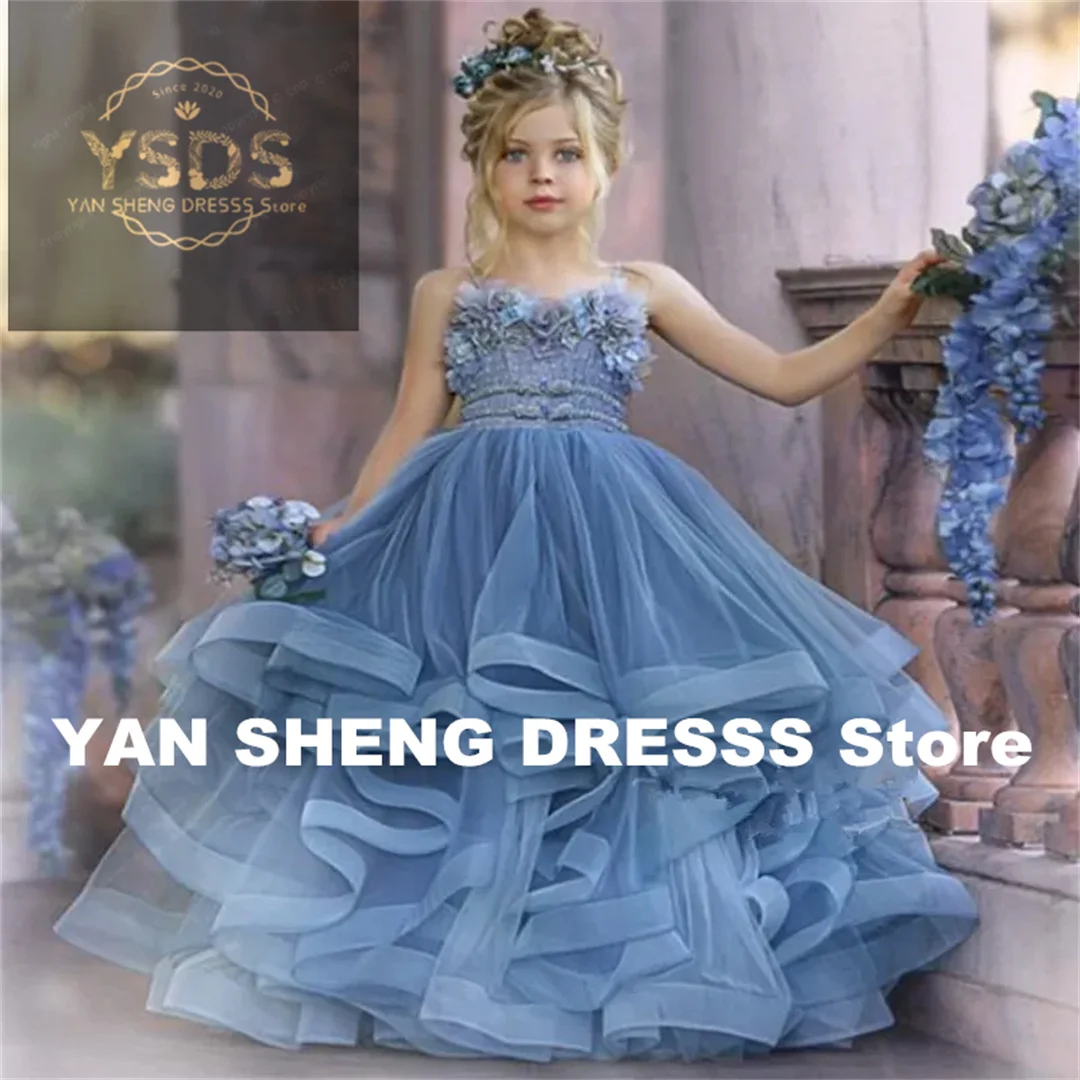 Customized Flower Girl Dresses Dusty Blue For Wedding Lace Floral Appliques Tiered Skirts Girls Pageant Dress Kids Birthday Gown