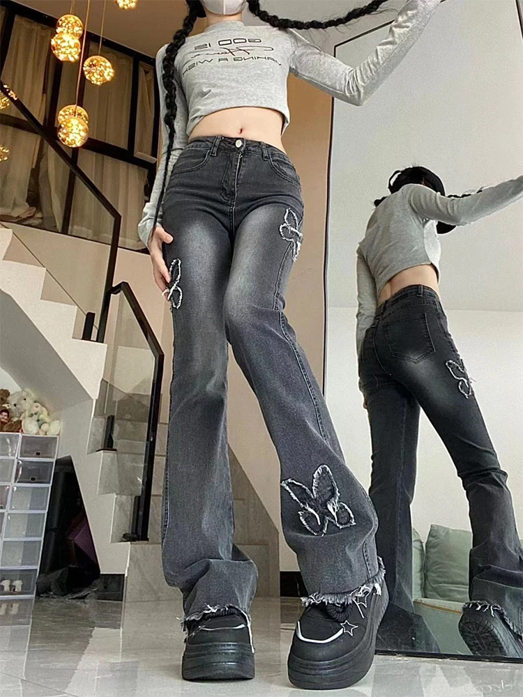 Grunge Y2K Low Rise Flare Jeans for Woman Streetwear Aesthetic Splicing Butterfly Vintage Washed Denim Trouser Pants Female