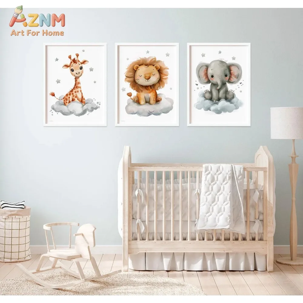 AZNM 3Pcs Watercolor Safari Animal Canvas Wall Art, Giraffe Lion Elephant Cloud Star Print Frameless Canvas Painting, Neutral