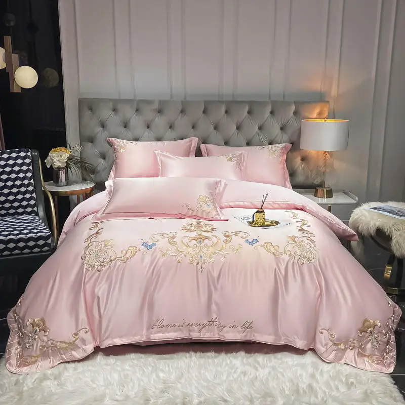 

Pink Satin Embroidered Duvet Cover Set 4pcs Luxury Solid Color Cotton Bedding Fitted/Flat Bed Sheet Pillowcases Home Textile