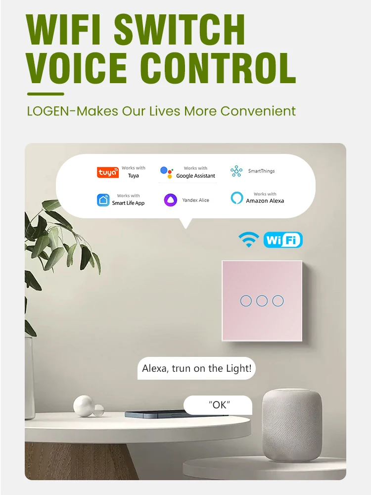 LOGEN Tuya WiFi Smart Pink and Blue Switch EU Need Neutral Wire 1/2/3 Gang Light Touch Switch Work with Alexa Google Home Alice