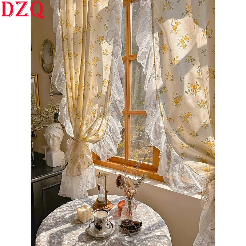 French Style Rural Flowers Pattern Curtains Cloth for Living Room Lace Warp Ruffled Floral Curtains for Bedroom Kitchen #A670