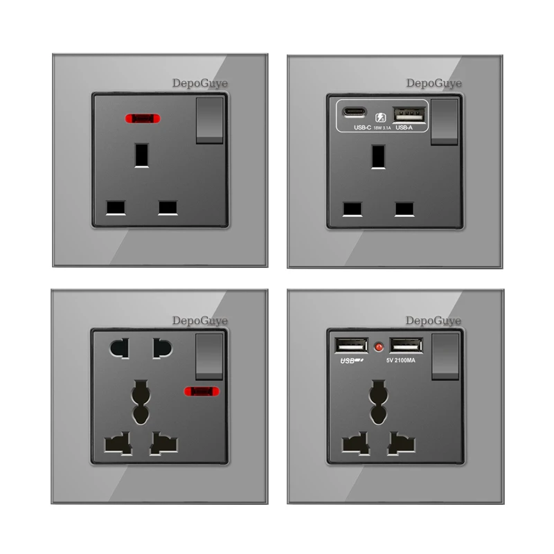 منفذ مزدوج UK 13A 220V مع شحن سريع 18 وات من النوع C، لوحة مفاتيح إضاءة 1/2 طريقة، سطح من الزجاج المقسى، مقبس حائط للتلفزيون/الهاتف #5