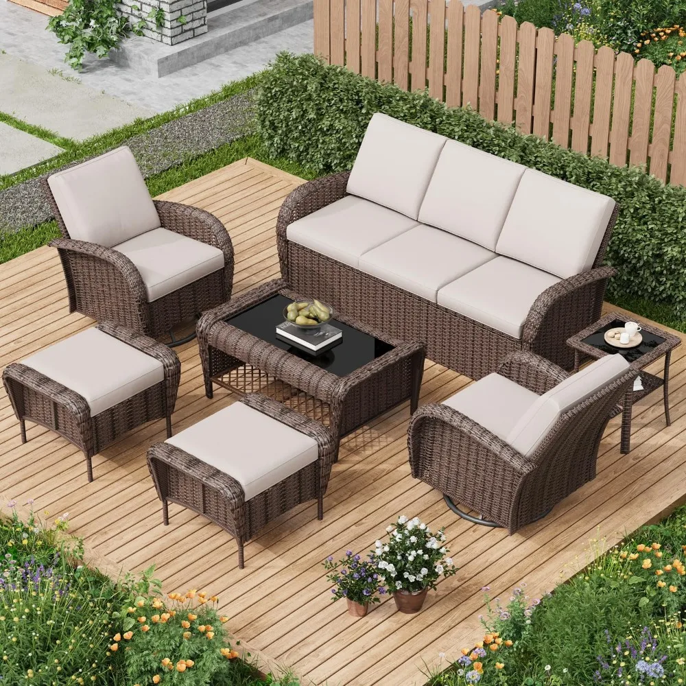 

Outdoor Swivel Chairs Set,7 Pieces Rattan Wicker Furniture Set,Patio Conversation Sets with Coffee Table,3-Seat Sofa,Ottoman an