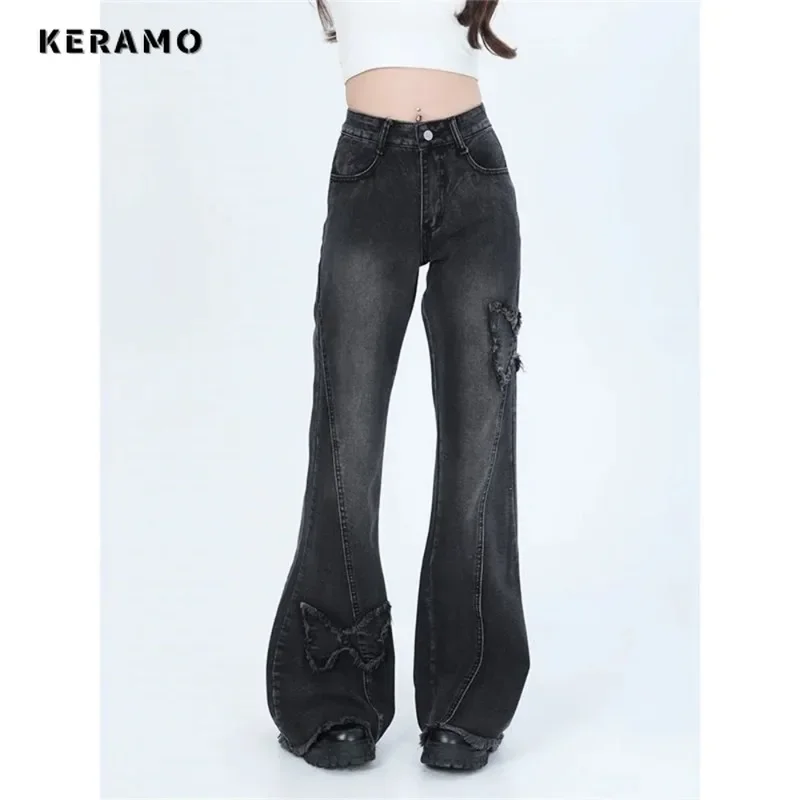 2024 Winter Harajuku Sheath High Waist Flared Jeans Sweet Butterfly Retro Y2K Pants Women's Vintage Slim Street Denim Trouser