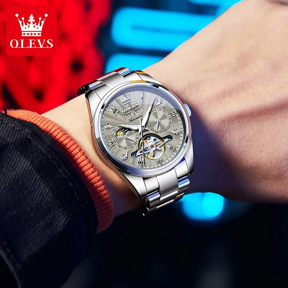 OLEVS Fashion Casual Silver Gray Tourbillon Watch Men Steel Automatic Mechanical Watch Reloj Hombre Business Luxury Watches