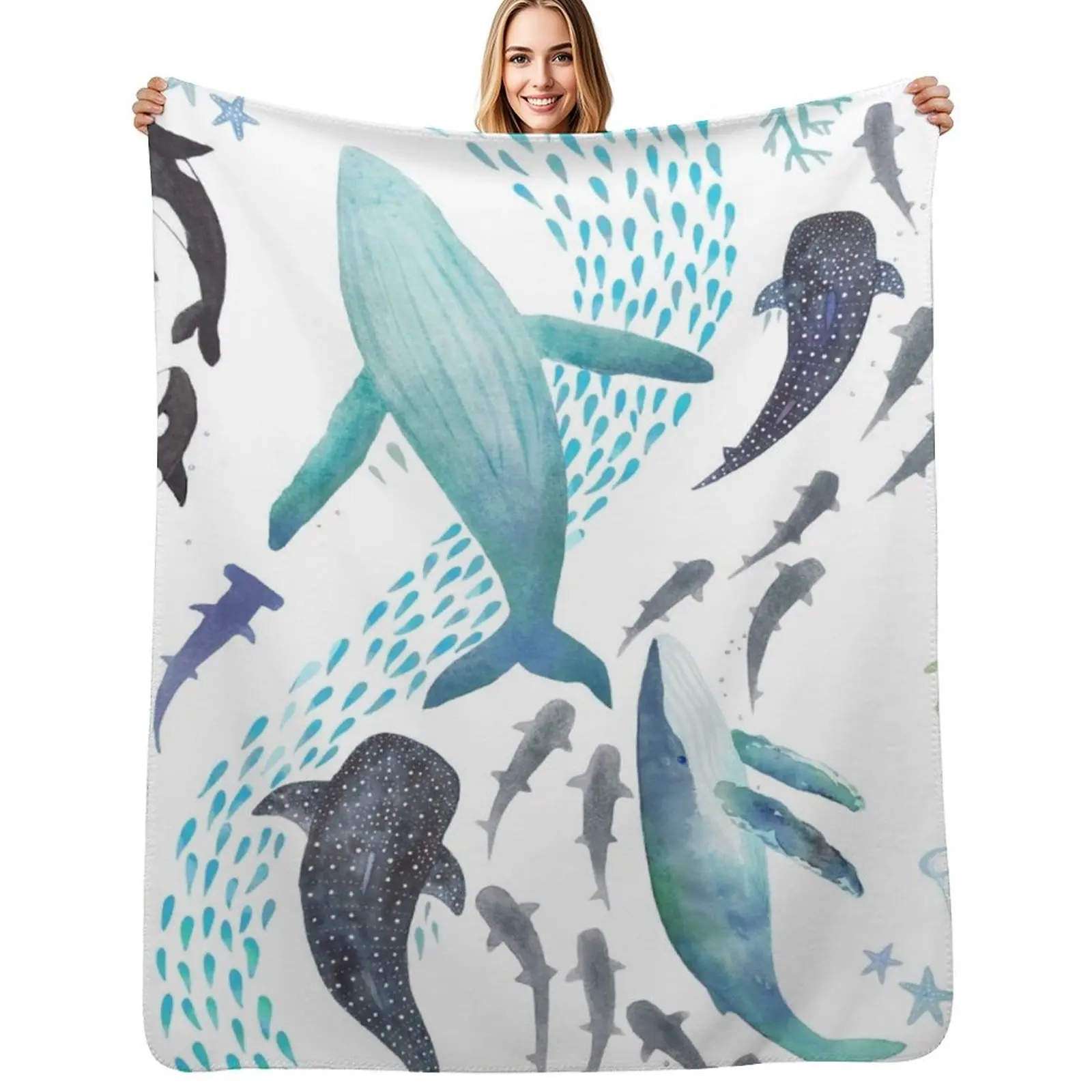 Sharks, Humpback Whales, Orcas & Turtles Ocean Play Print Throw Blanket for sofa Cute Flannel Kid'S blankets ands Blankets
