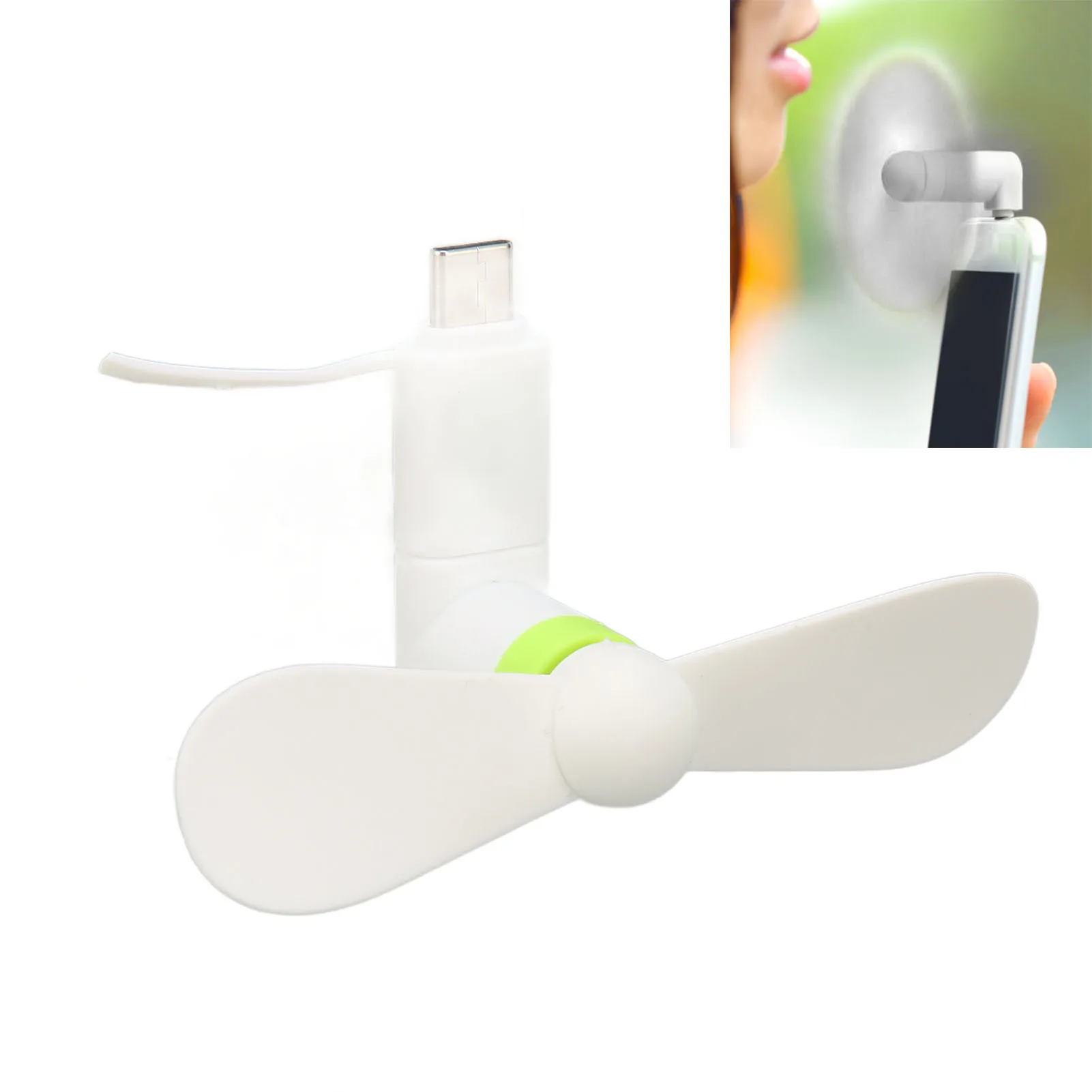 مروحة هاتف محمول صغيرة 2 في 1 مروحة هاتف ذكي متوافقة مع واجهات USB من النوع C مروحة USB للهاتف الأبيض 2 في 1 مروحة هاتف