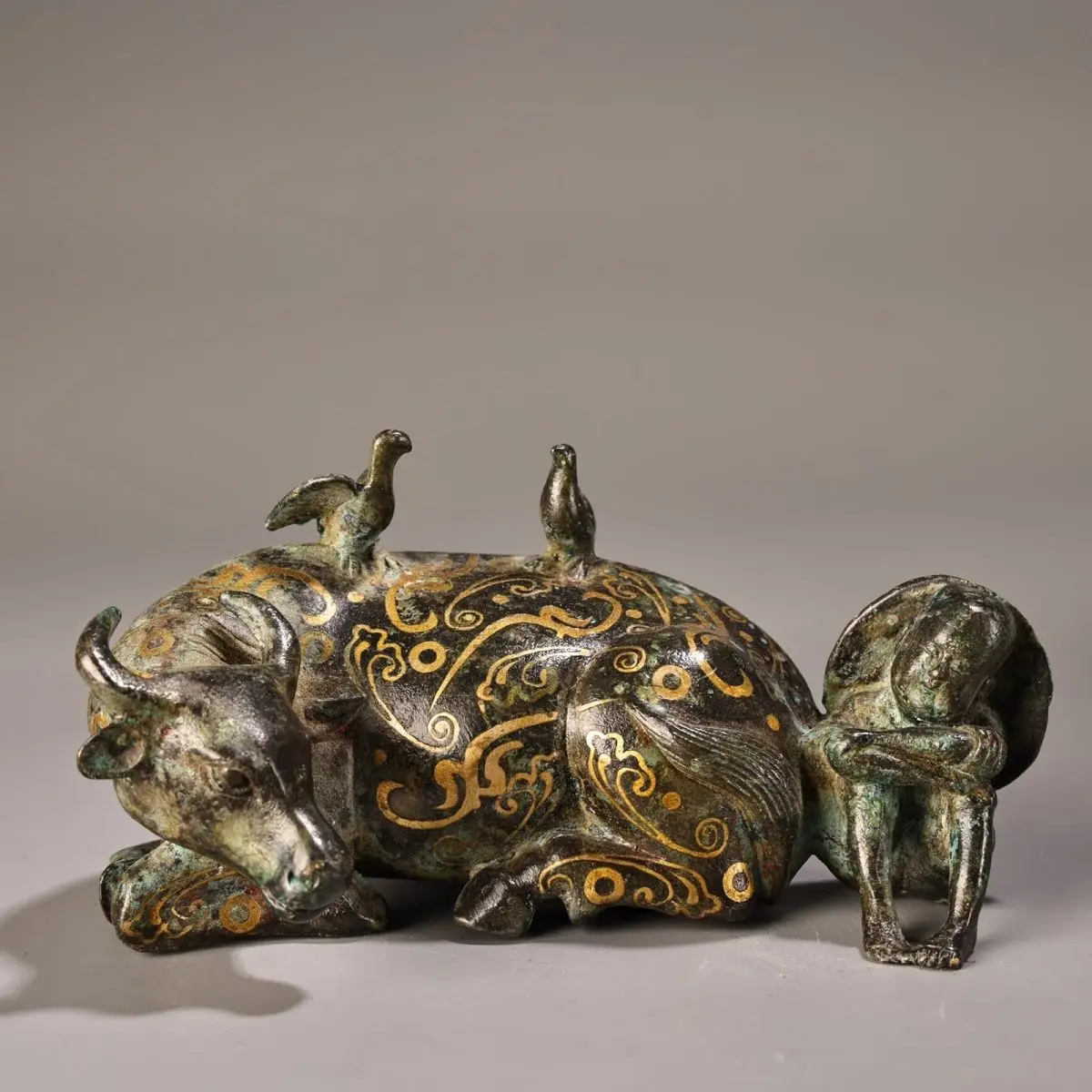Vintage Hidden Treasure Bronze Gold Filigree Inlaid Shepherd Boy Riding Ox Figurine Retro Desktop Copper Craft Decor Gift