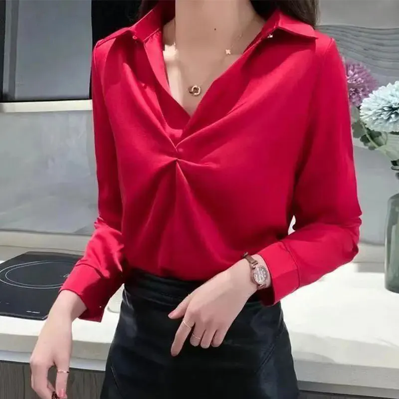 Women\'s Spring Fashion Office Lady Simplicity Solid Color Long Sleeve Shirts Women Clothes Casual All-match Temperament Tops