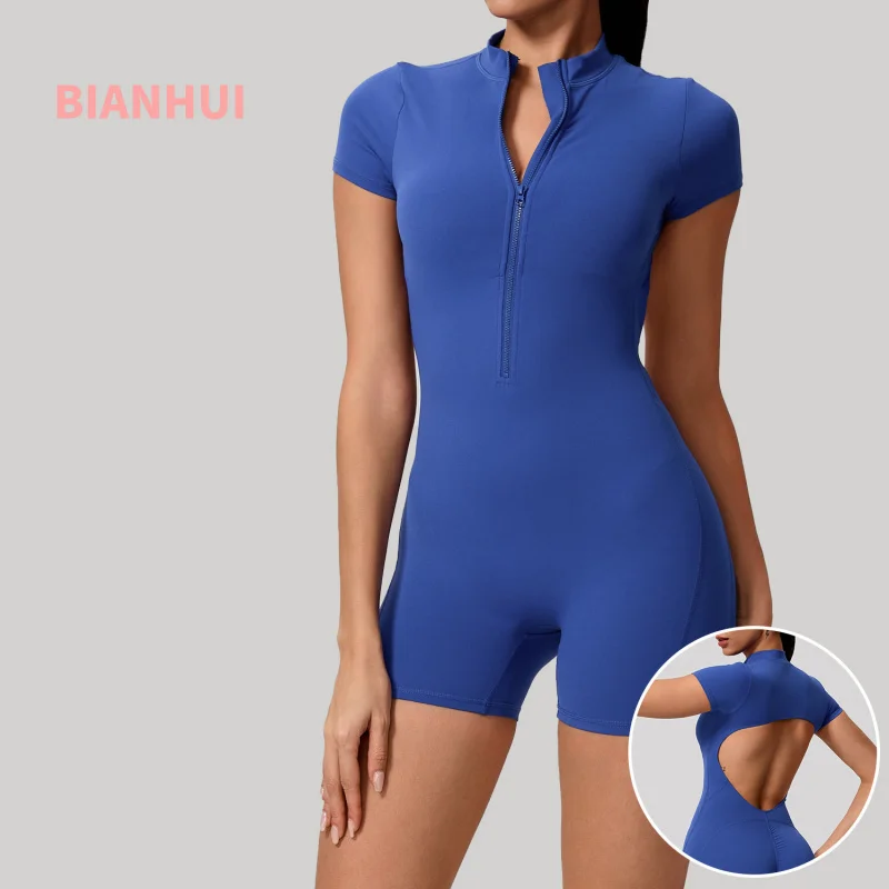 Women Tight Athletic Yoga Romper Half Zip Stand Collar Short Sleeve Jumpsuit Cloud Soft Backless Fitness Dance Bodysuit Clothes
