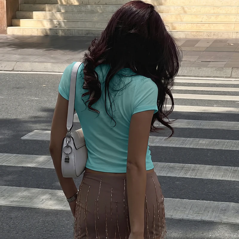 Hugcitar Damenmode, tiefer V-Ausschnitt, einfarbig, kurzärmelig, gerüscht, sexy Crop-T-Shirt, Top, Sommer, Strandurlaub, weibliches Outfit – Detail 18