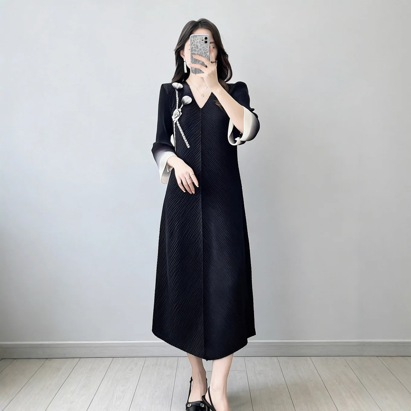 

Ele Bla Pleated Dr for Women Stage Performance owgirl Sle High Waist A-Line Skirt Long Sve Midi Dr