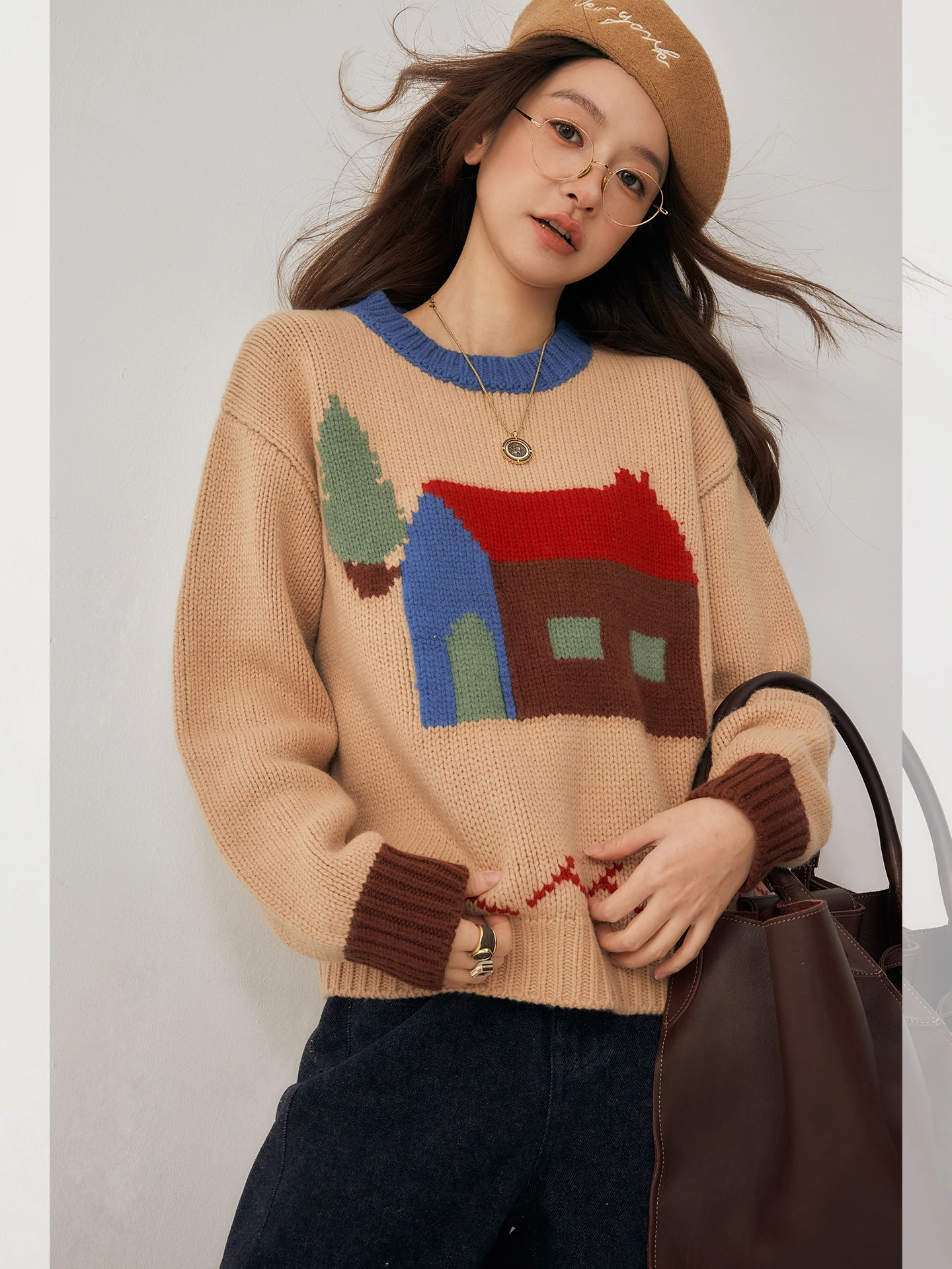 

Nordic Sle Women's Knitted Wool Sweater Soft Loose Overhead Long Sve Warm Thiened Camere 00% Wool Knitwear