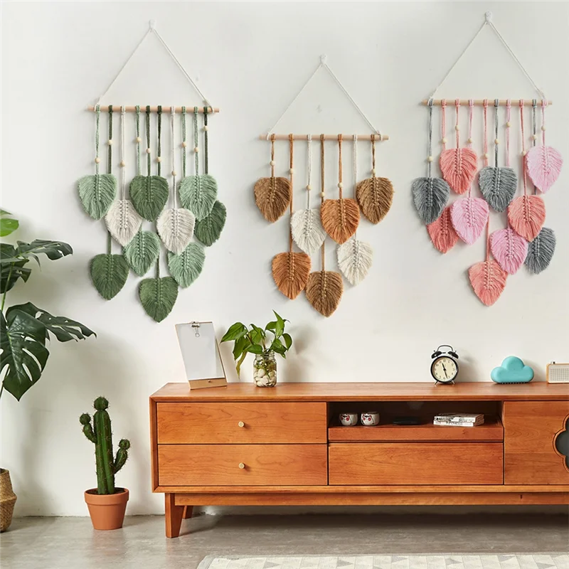 

Fabric backgroundLeaf Macrame Wall Hanging Boho Room Home Decor Woven Aesthetic Wall Tapestry Home Room Wedding Decoration Pink