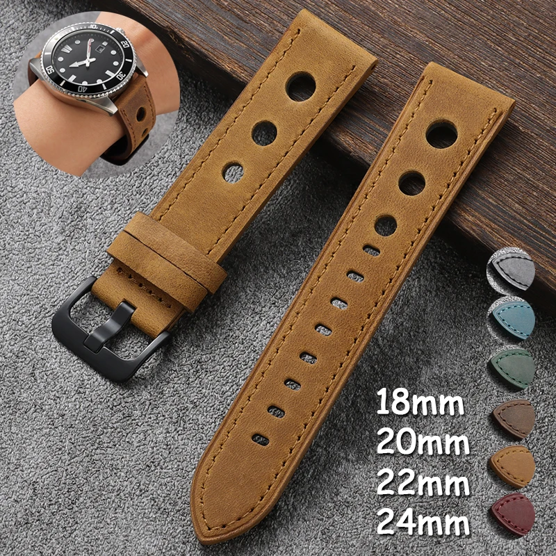 Vintage Rally Cowhide Watch Strap 18mm 20mm 22mm 24mm Perforated Racing Crazy Horse Leather Band for Omega for Seiko Bracelet