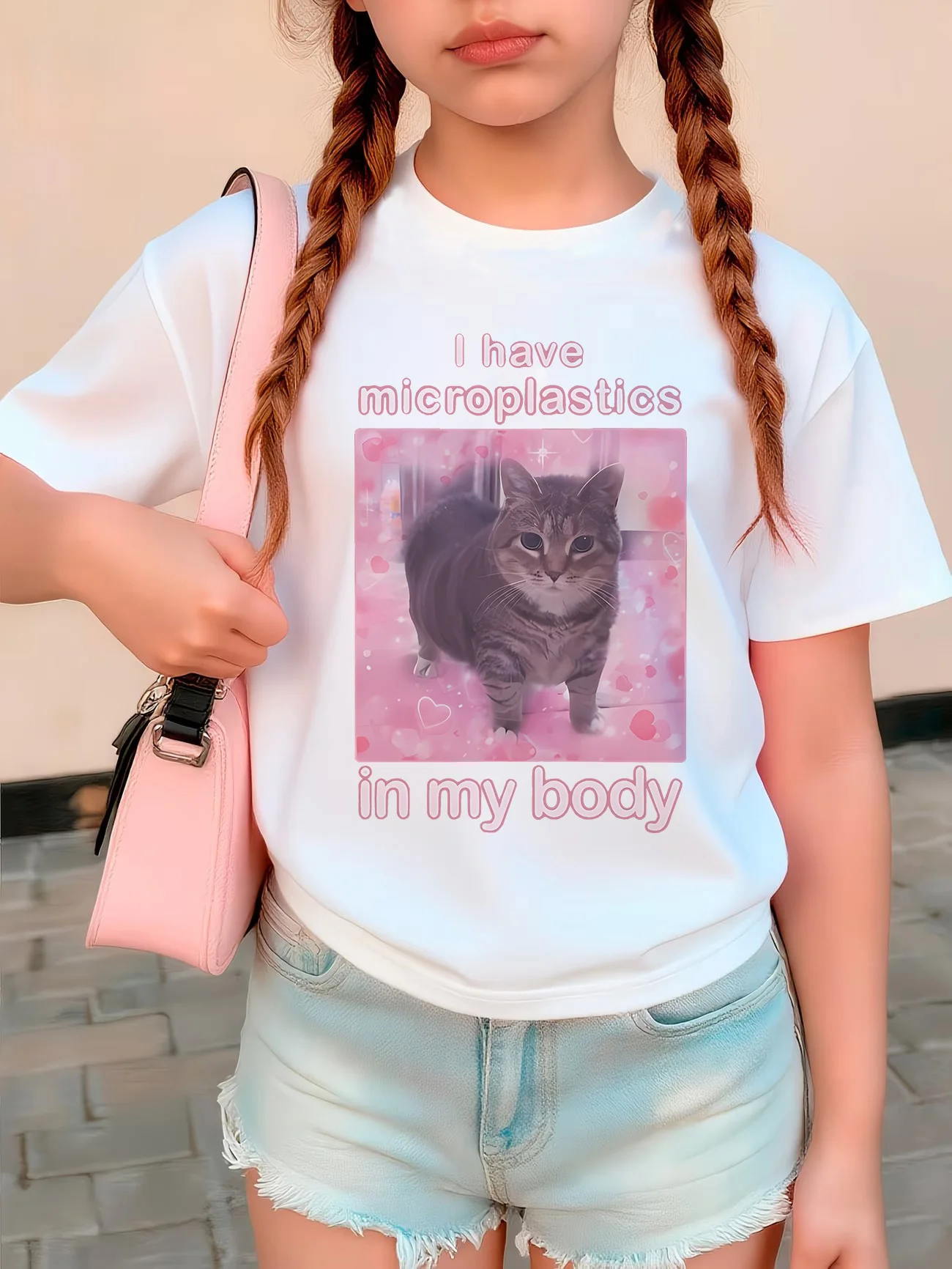 Y2K Rosa Katzen-Motiv Lässiges Rundhals-T-Shirt Manga Kinder T-Shirt für Jungen und Mädchen Sommer Frühling Casual Top Tee