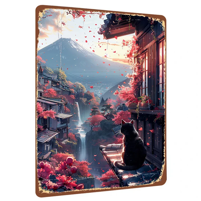 Japanese Town Cherry Blossom Season Cat Viewing Mount Fuji Metal Iron Painting Home Decor Wall Hanging