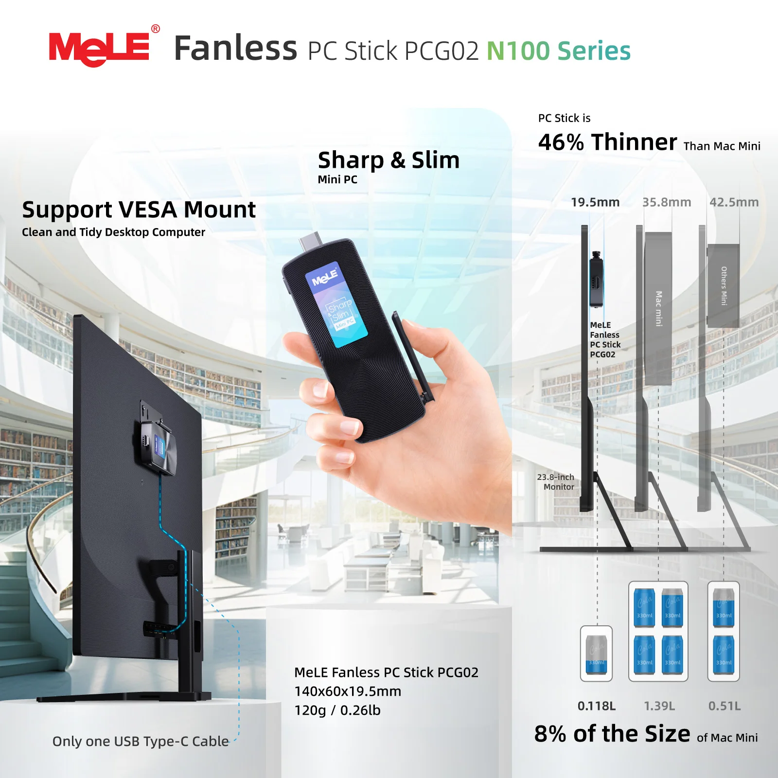 MeLE 팬리스 미니 PC 스틱 N100 8GB 256GB, 마이크로 컴퓨터 스틱 HDMI 4K 기가비트 이더넷, Wi-Fi5 PCG02