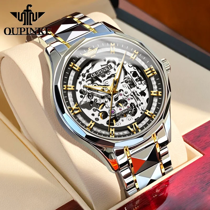 OUPINKE 3209 Men\'s Watches 5Bar Waterproof Skeleton Roman Numeral Dial Original Fully Automatic Mechanical Wrist Watches for Men