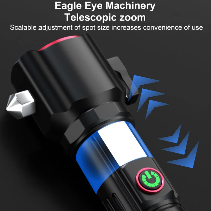 Multi-function Car Home LED Flashlight Car Safety Hammer Flashlight USB Charging Ultra-strong Outdoor Strong Light Detection