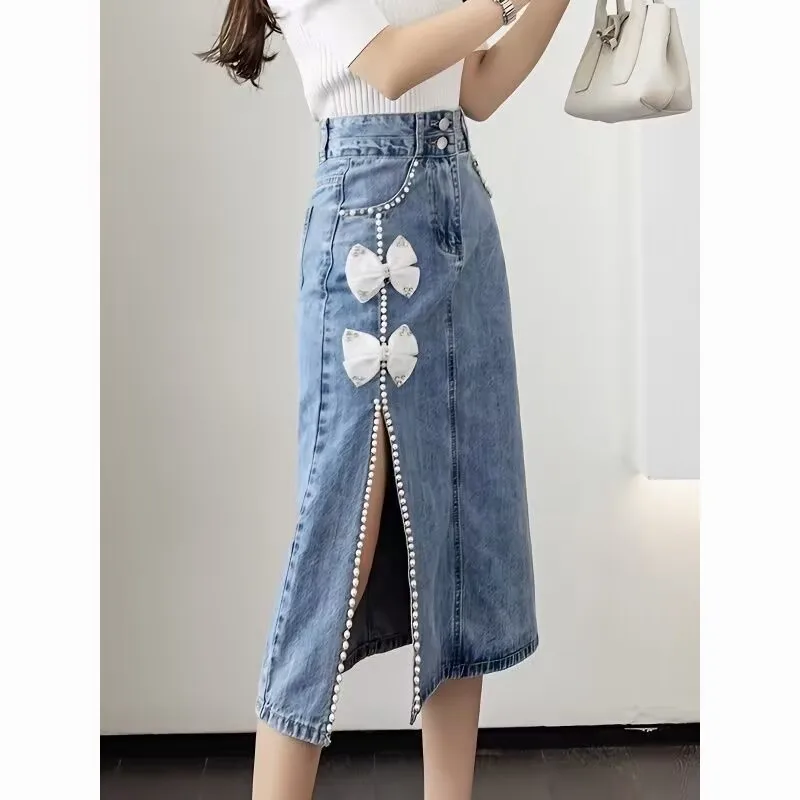 

2025 Beading Bowknot Package Hip Denim Skirt Summer Autumn Women High-waisted Split Dress Female Retro Blue Mid-length Skirt