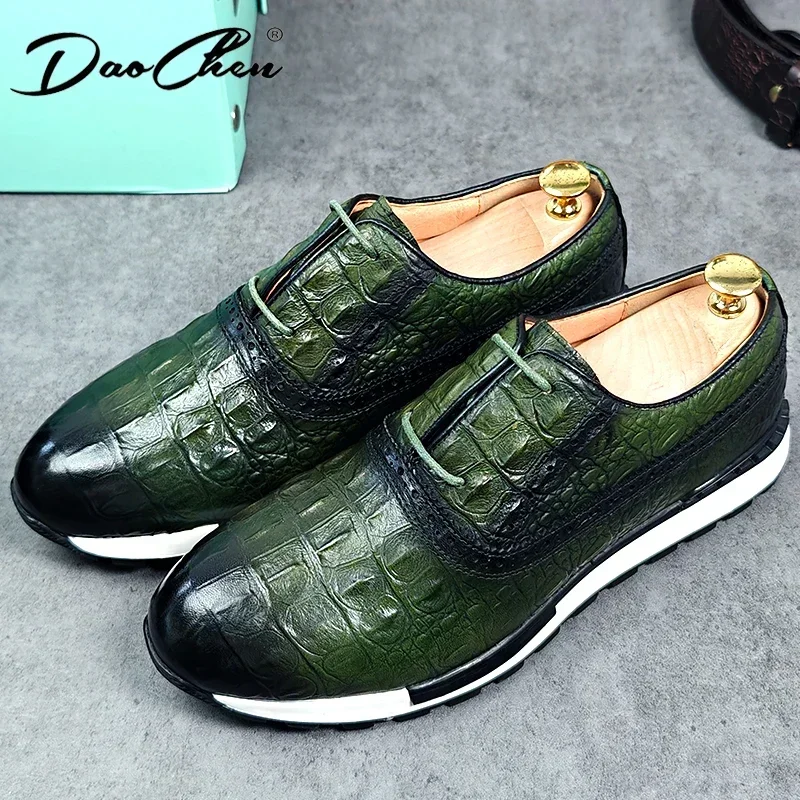 Luxury Mens Casual Leather Shoes Lace Up Green Gray Khaki Dress Sports Shoes For Men Crocodile Print Outdoor Walking Sneakers