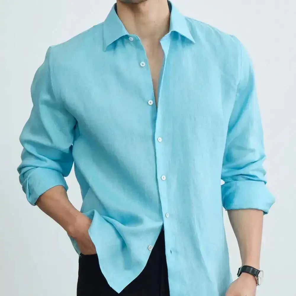 Pure Linen Shirt For Men Luxury Britishshirts Men Dress Yellow White Long-sleeved Breathable Refreshing Chemise Men Casual Shirt