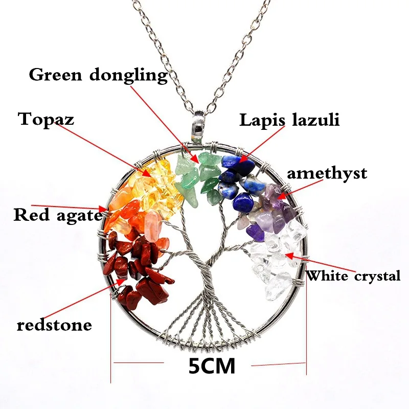 Fashion Tree Of Life Keychain 7 Chakra Round Shape Women Handmade Healing Natural Stone Key Ring Jewelry For Key Charms