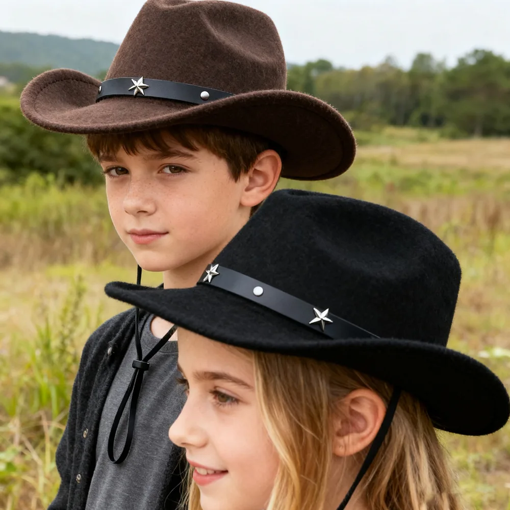 Western Cowboy Hat Kids Felt Fedora Cowgirl Cap Party Costume Rodeo Festival Outdoor Ranch Dress Up Role Play Accessory