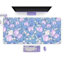 Tapis de souris de jeu extra large, tulipes mignonnes, fleur, lapin, polymères de bureau média, vert d'eau, accessoires de bureau pour ordinateur portable, Kawaii, violet