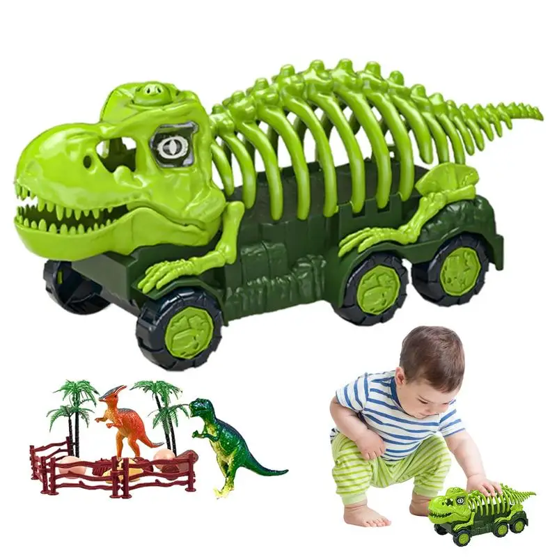 Skeleton Dino Pull Back Car Skeleton Dino Transport Car Toy For Toddler Skull Truck Toy With Dino Figures Dinosaur Carrier Toys