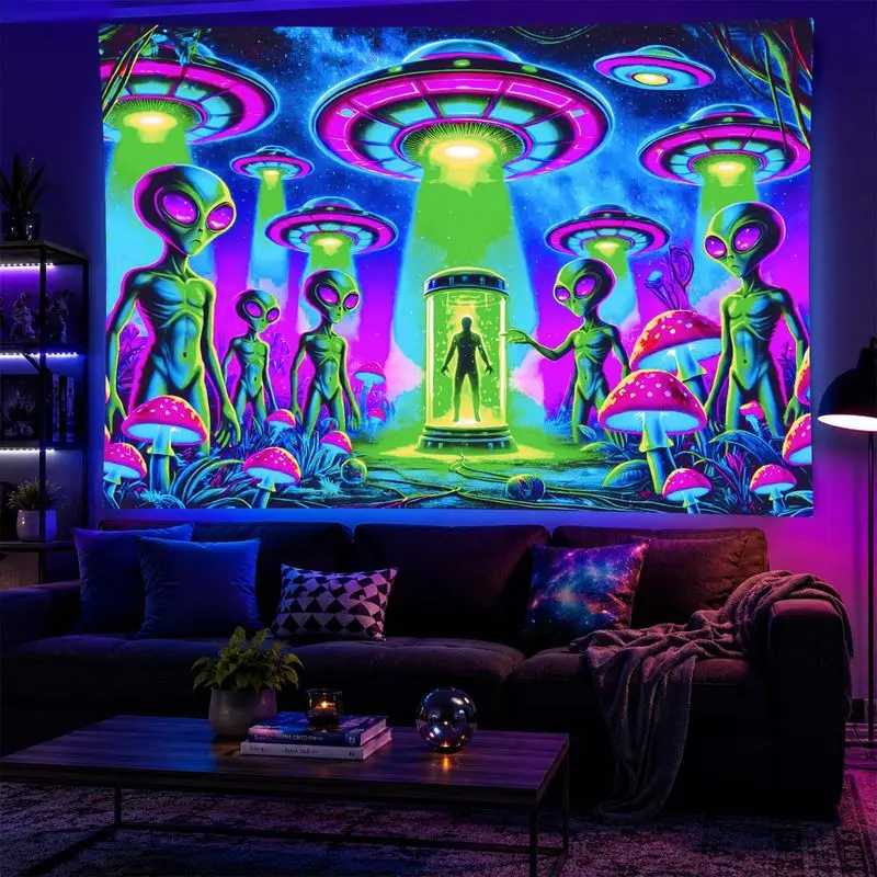 VIKAMA UV Reactive Alien UFO Tapestry Trippy Mushroom Space Galaxy Wall Hanging Psychedelic Neon Bedroom Dorm Party Wall Decor