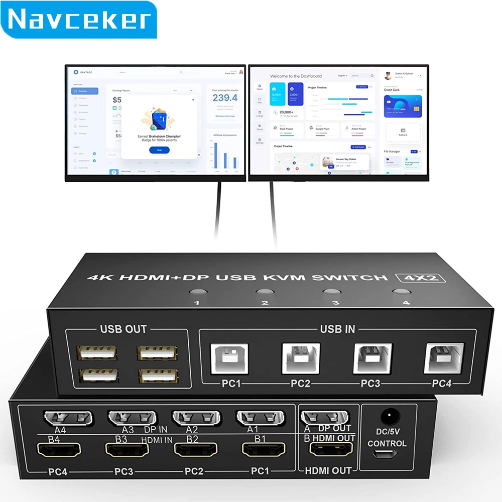 2023 4-portowy przełącznik KVM HDMI 4X2 podwójny Monitor 4K @ 60Hz rozszerzony wyświetlacz DP przełącznik KVM USB przełącznik KVM 4 w 2 na 4 PC