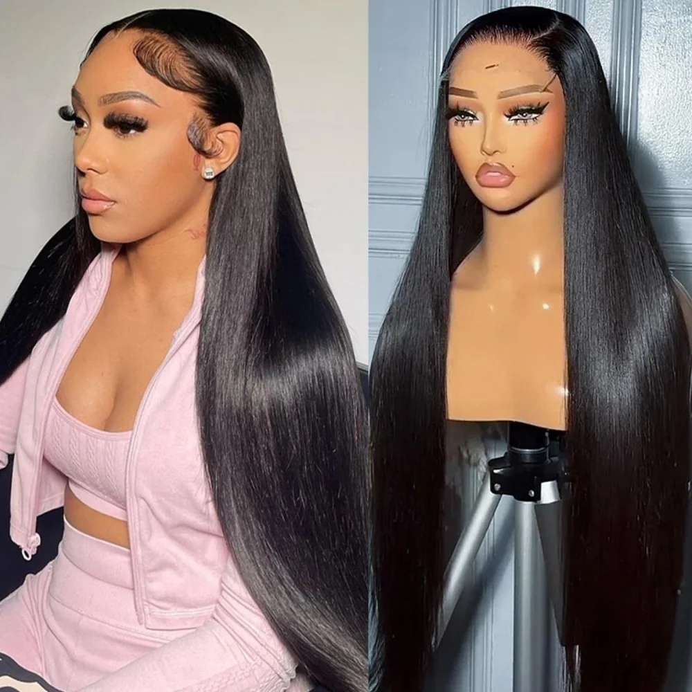 

13x6 Transparent Lace Front Wigs Human Hair 220 Density Pre Plucked Straight Natural Color 30 Inch Lace Frontal Wig For Women 1B