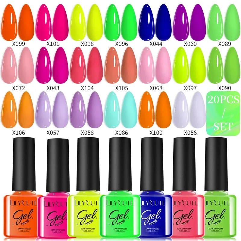 LILYCUTE 20/10Pcs Fluorescent Gel Nail Polish for Manicure Set Glitter Semi Permanent Nail Art LED UV Gel Varnish Nail Supplies