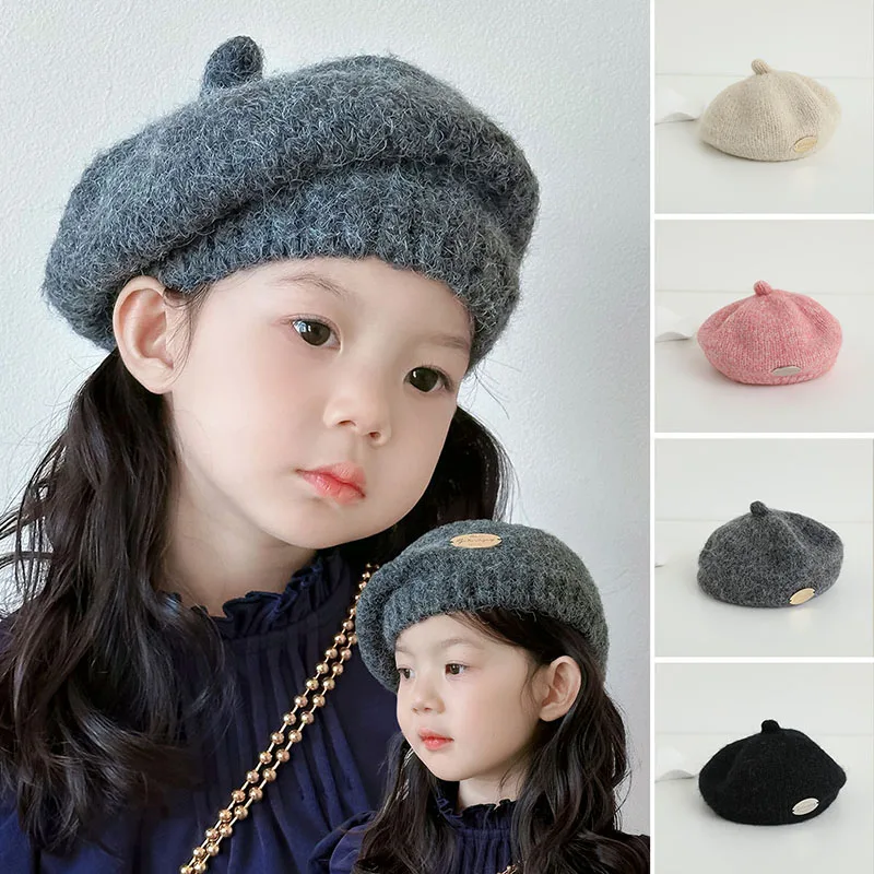 

Korean Girl Beret Decorative Metal Label Children Knit Woolen Hat 3-8year Kids Winter Warm Beanie Soild Color Artist Painter Cap