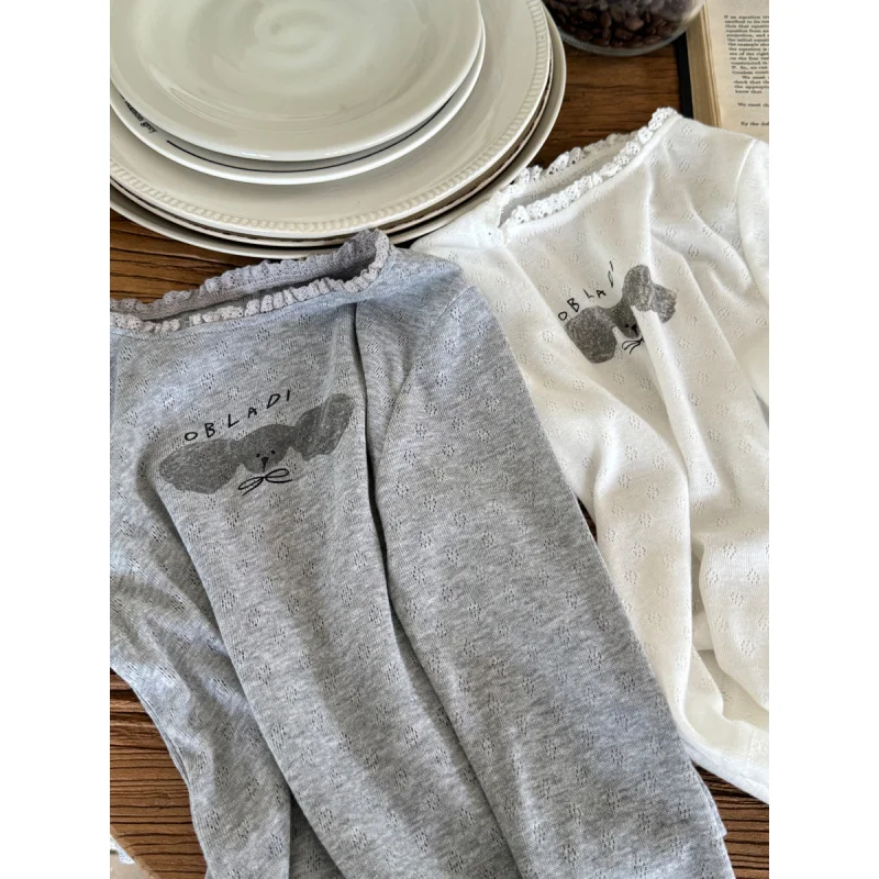 

Princess Yoyo Children's Autumn Gray Puppy Printed Long SleeveTGirl's Lace ShirtTShirt Bottoming Shirt