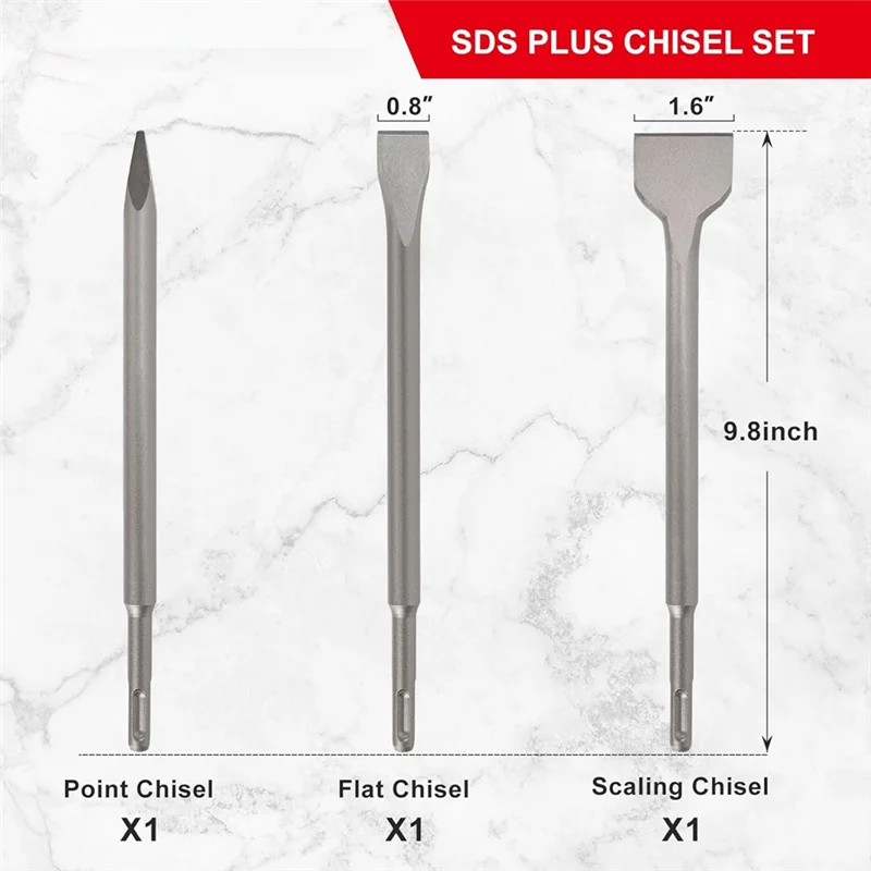 AC88-SDS-Plus Chisel Set For Rotary Hammer Drills, 3PC Masonry Concrete Drill Bit Set, Point Flat Scaling Chisels