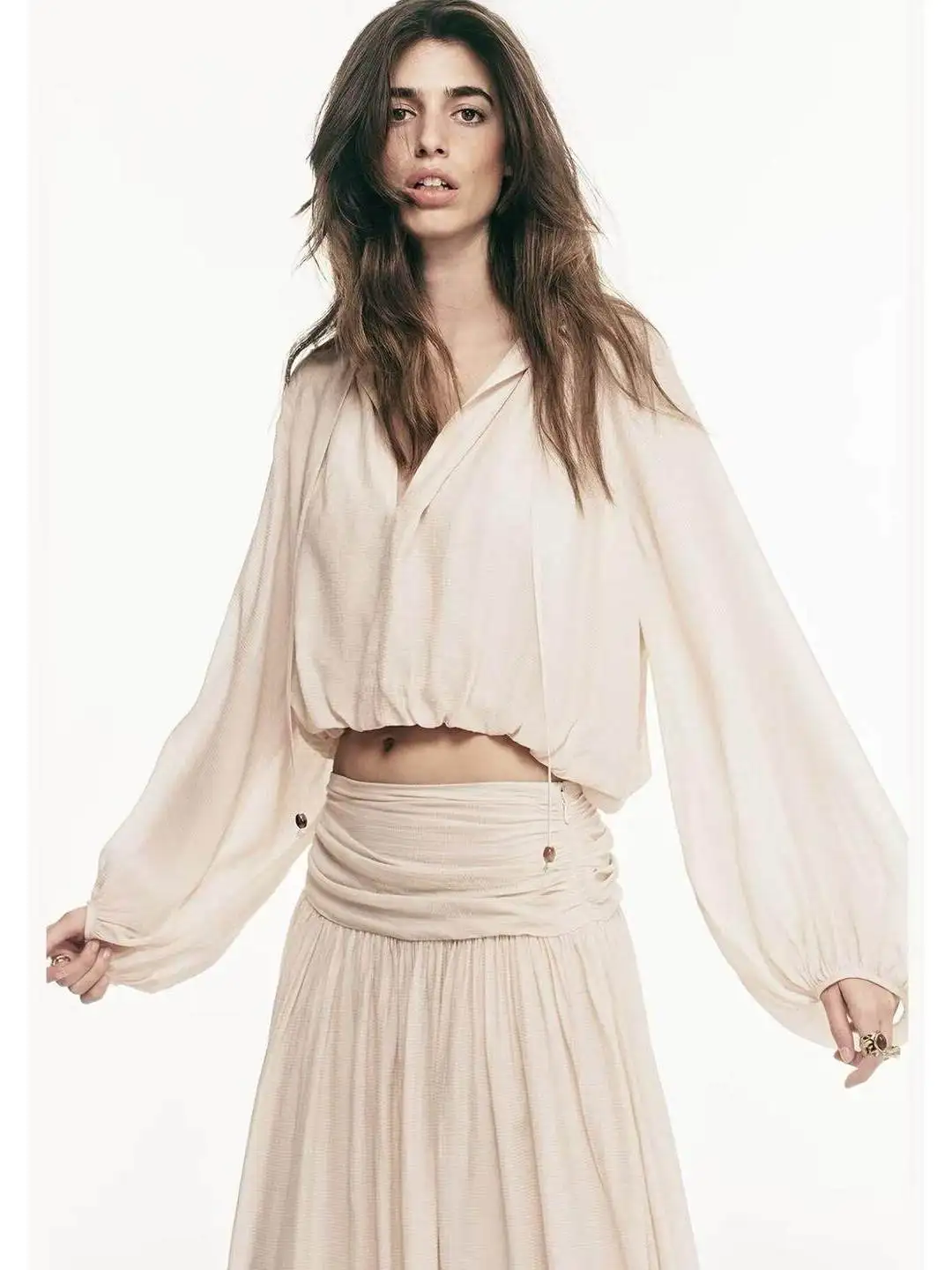 Summer Large Shape Top with Wood Grain  And Pleated Skirt Fashion Set for Women High Waist Polyester Fiber Long Sleeve