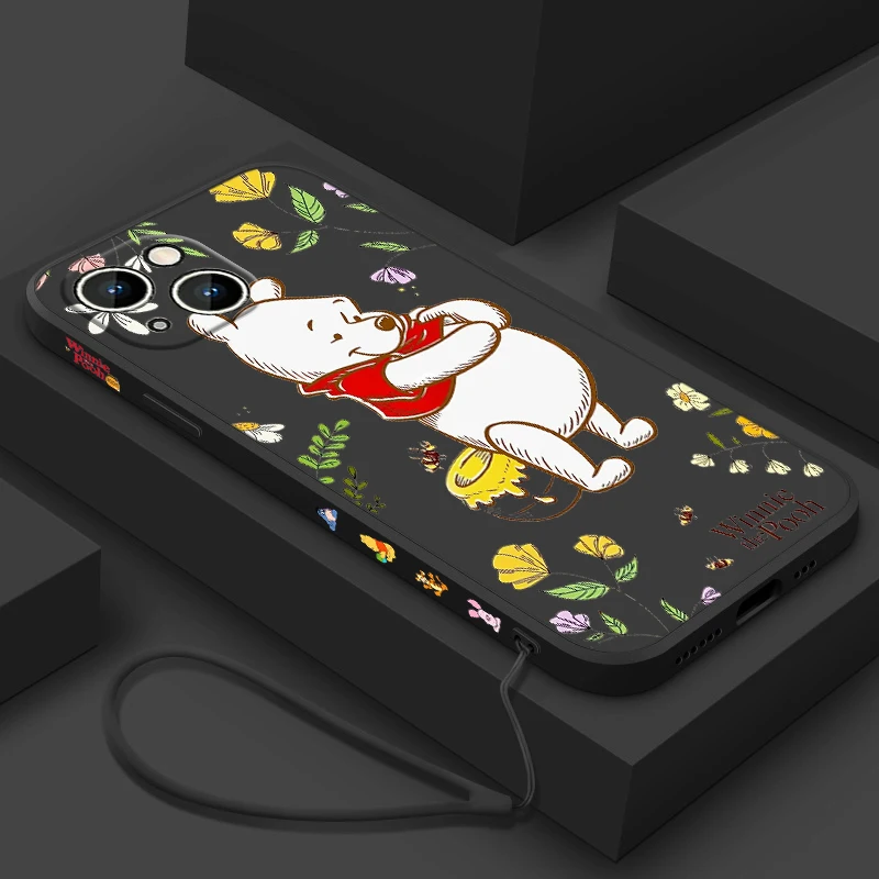 Disney Pooh Flowers per Apple iPhone 15 Ultra 14 13 12 11 XS XR X 8 7 Pro Max Plus Mini custodia per telefono con corda sinistra liquida