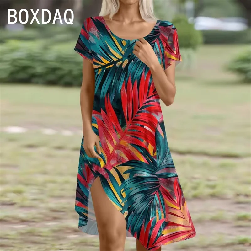 Damen-Sommerkleid, elegantes Retro-Blumenkleid, Sommer, kurzärmelig, Rundhalsausschnitt, lässig, Strand-Partykleid, 2025, Trend, Damen-A-Linien-Kleid