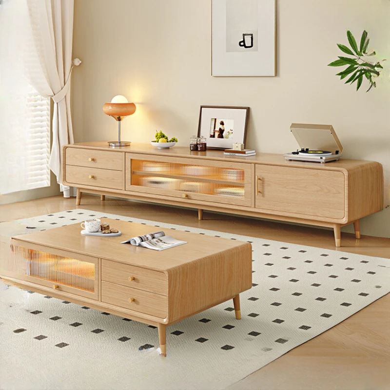 All-solid wood TV cabinet modern simple living room home storage lockers integrated floor log tea table combination