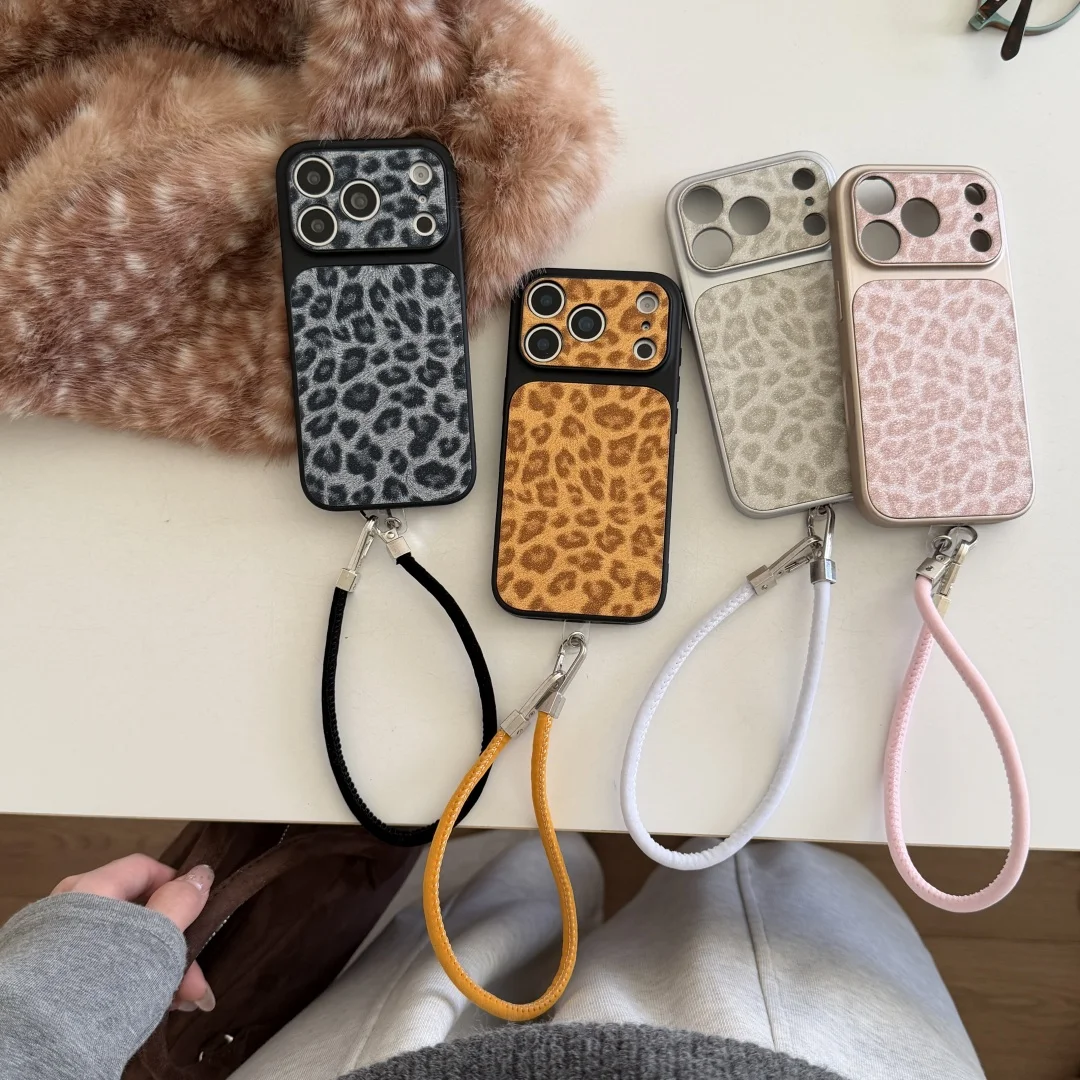 

Luxury Leopard Print Hang Strap Phone Case For iPhone 17 Pro Max 16 Pro Plus 13 14 15 anti-fall bumper back Cover﻿﻿