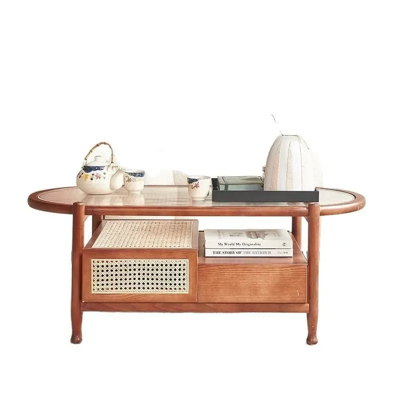 

Light luxury solid wood rattan coffee table combination Changhong glass double layer with drawers round home living room rattan