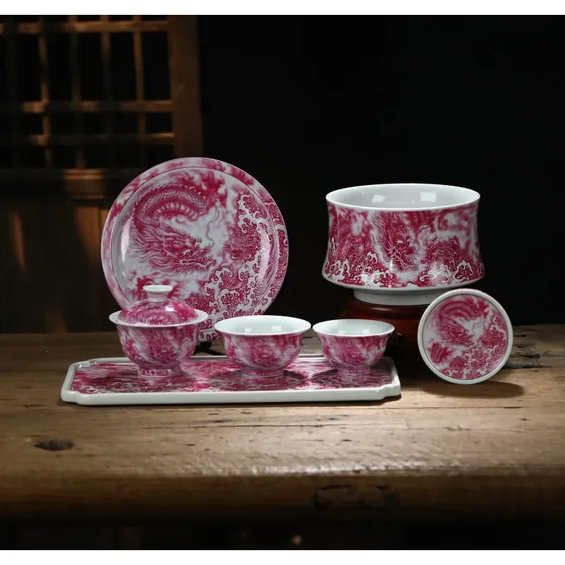 Elegant Chinese Dragon Pattern Ceramic Tea Set with Cover Bowl and Teacups in Luxury Gift Box for Traditional Kung Fu Brewing