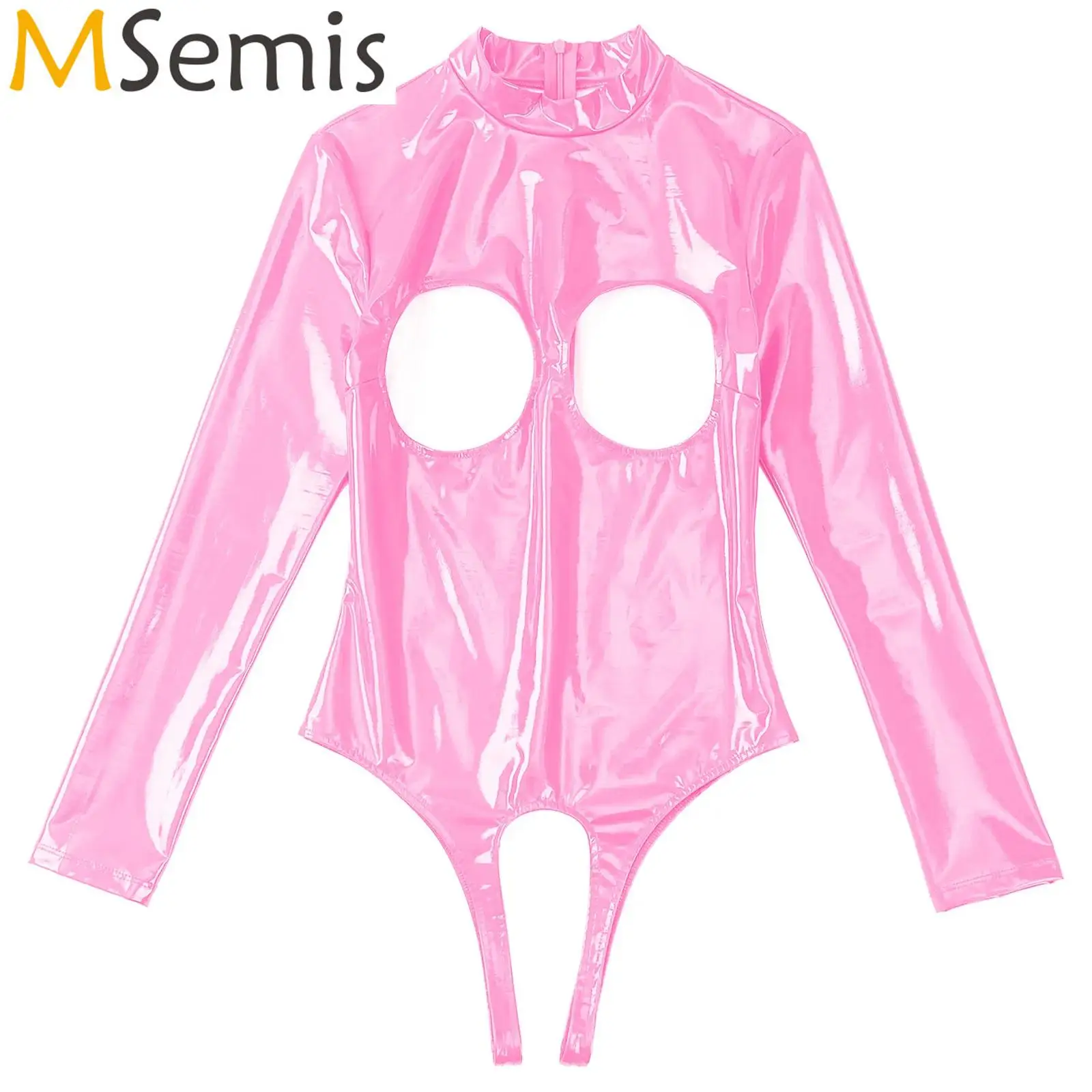 Womens Invisible Zipper Back Crotchless Bodysuit Clubwear Lingerie One Piece Cutout Open Chest Bodysuit Patent Leather Catsuit