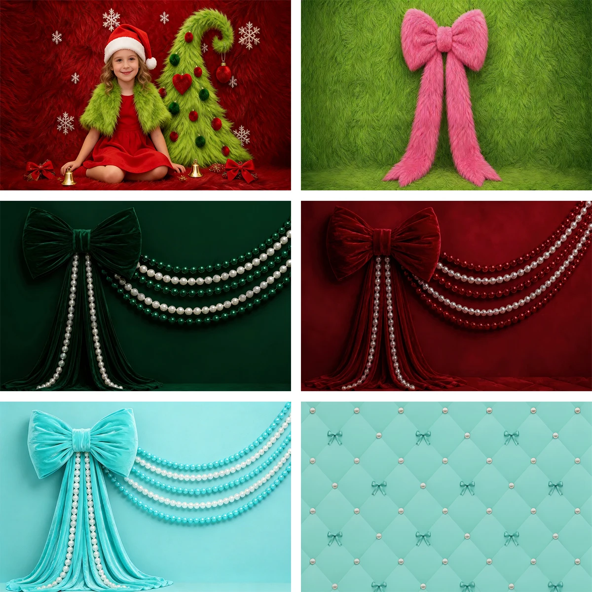 Plush Furry Christmas Tree Velvet Bow Pearl Chain Photography Backdrop For Newborn Baby Xmas Party Photo Background