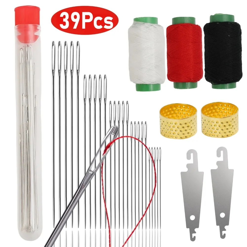Big Eye Nähnadeln Set Stahl Handnadeln mit Faden Fingerhut Einfädler Schere für Stickerei DIY Handwerk Kleidung Reparatur Kit