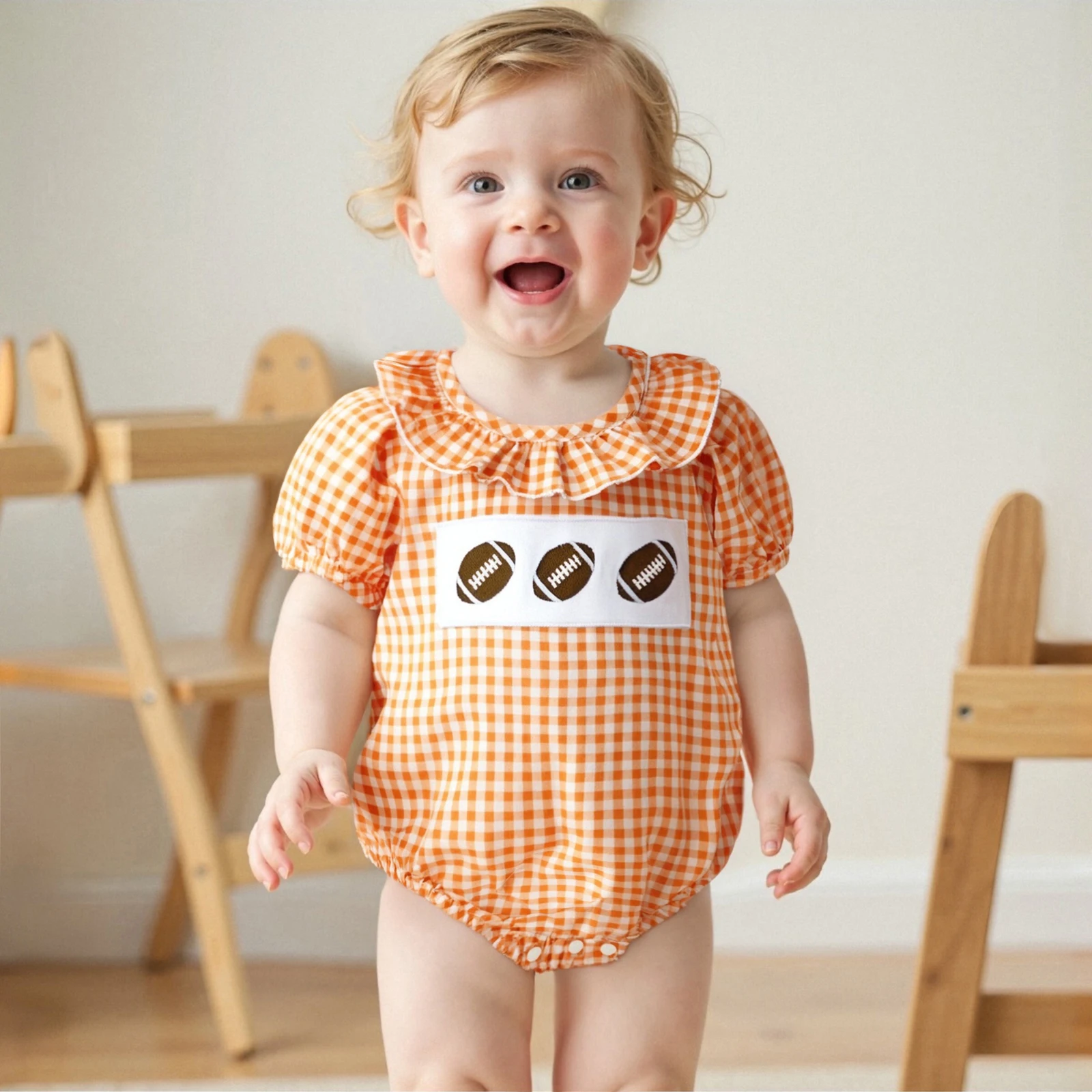 Baby Girl Plaid Romper Summer Rugby Embroidery Round Neck Short Sleeve Bubble Ruffle Jumpsuit 0-18M